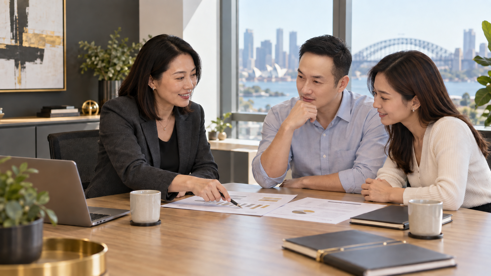 Illustrative Asian professional and clients discussing financial documents