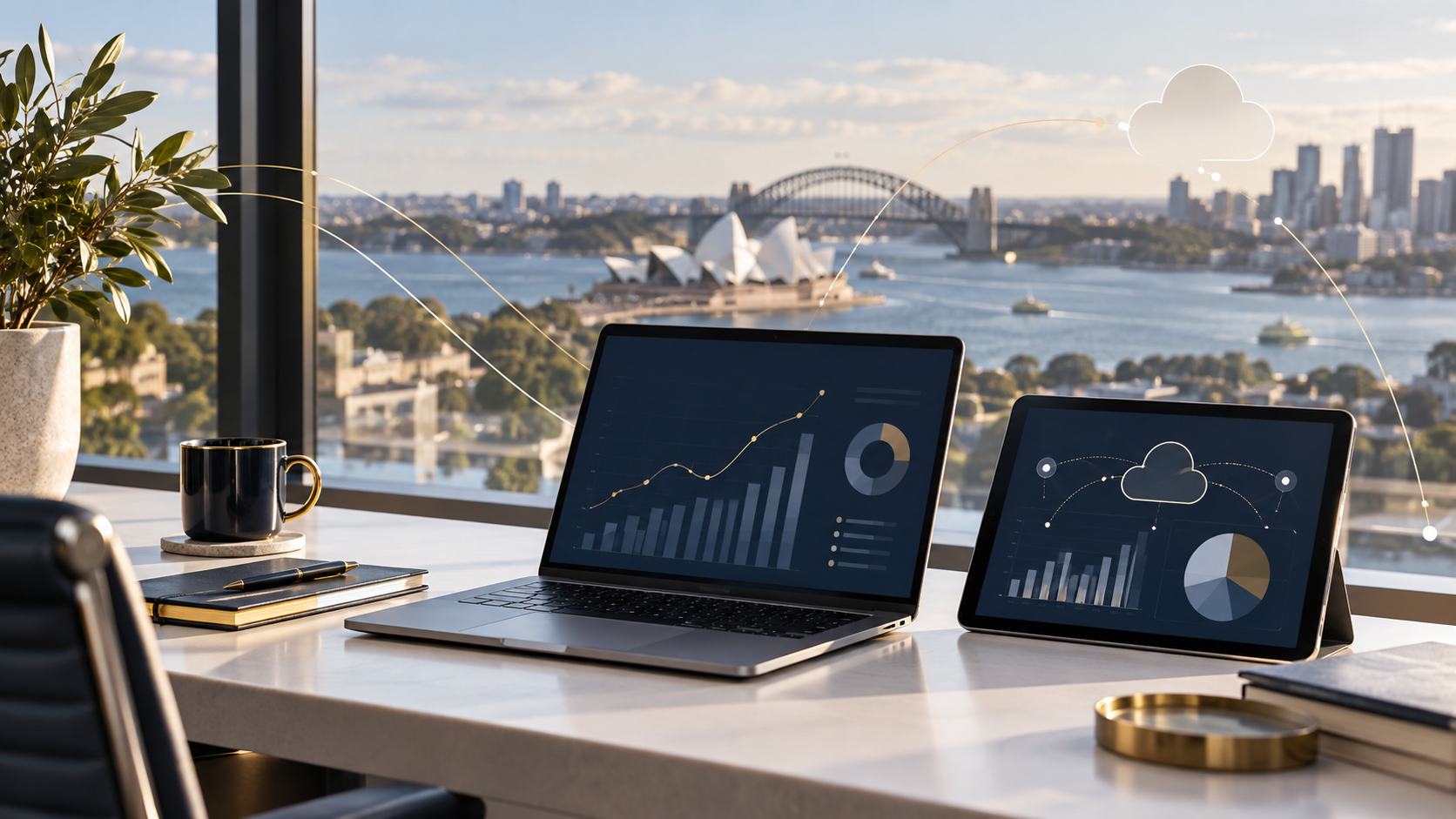 Illustrative Sydney harbour office with cloud accounting dashboards